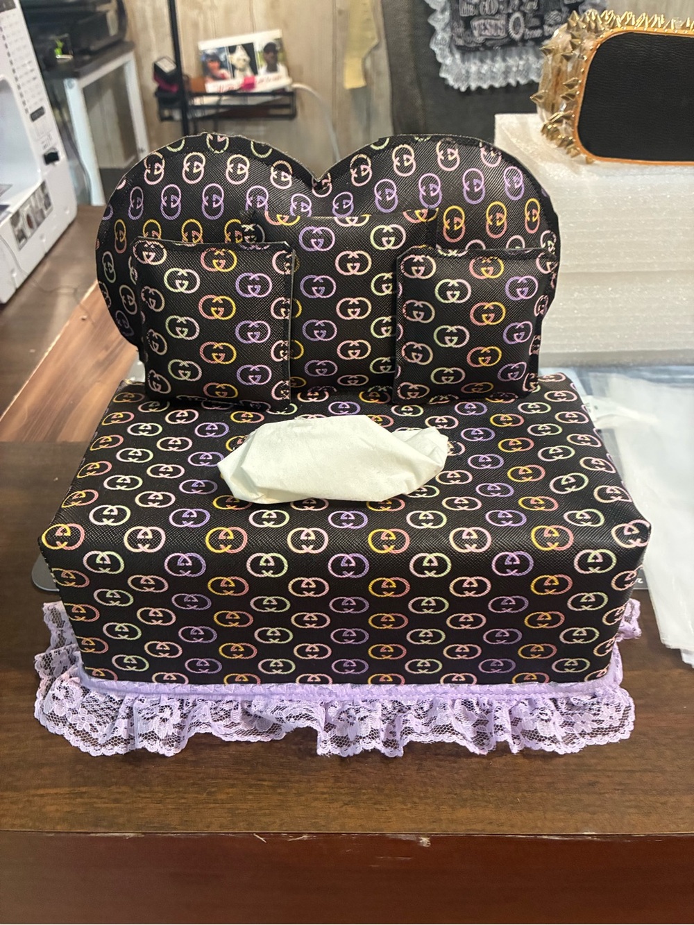 Designer-Style Black and Lavender Tissue Box Cover